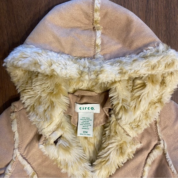 Circo Faux Suede & Shearling Tan Jacket Toddler Size 12M Winter Coat Fur Hood - Picture 3 of 11
